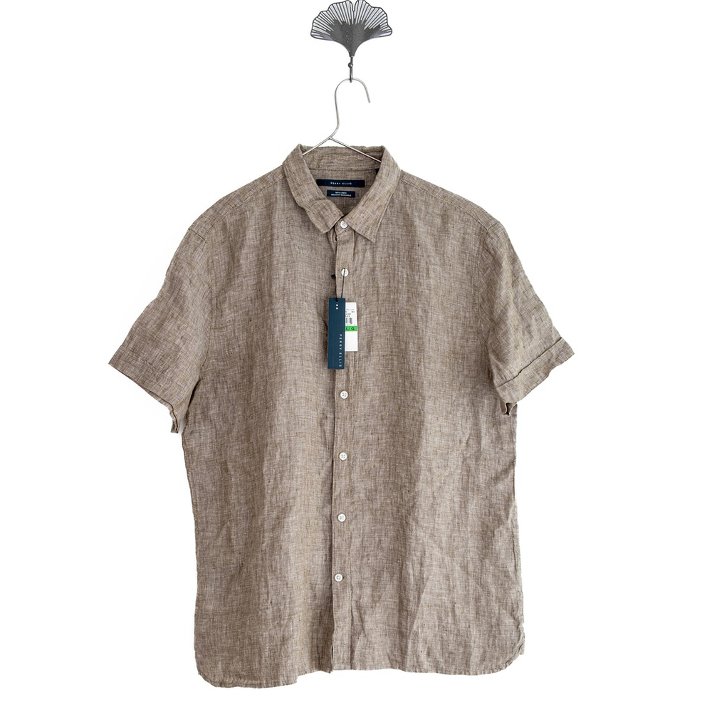 NWT Perry Ellis Men's 100% Linen Short Sleeve Button Front Shirt Olive - Size L